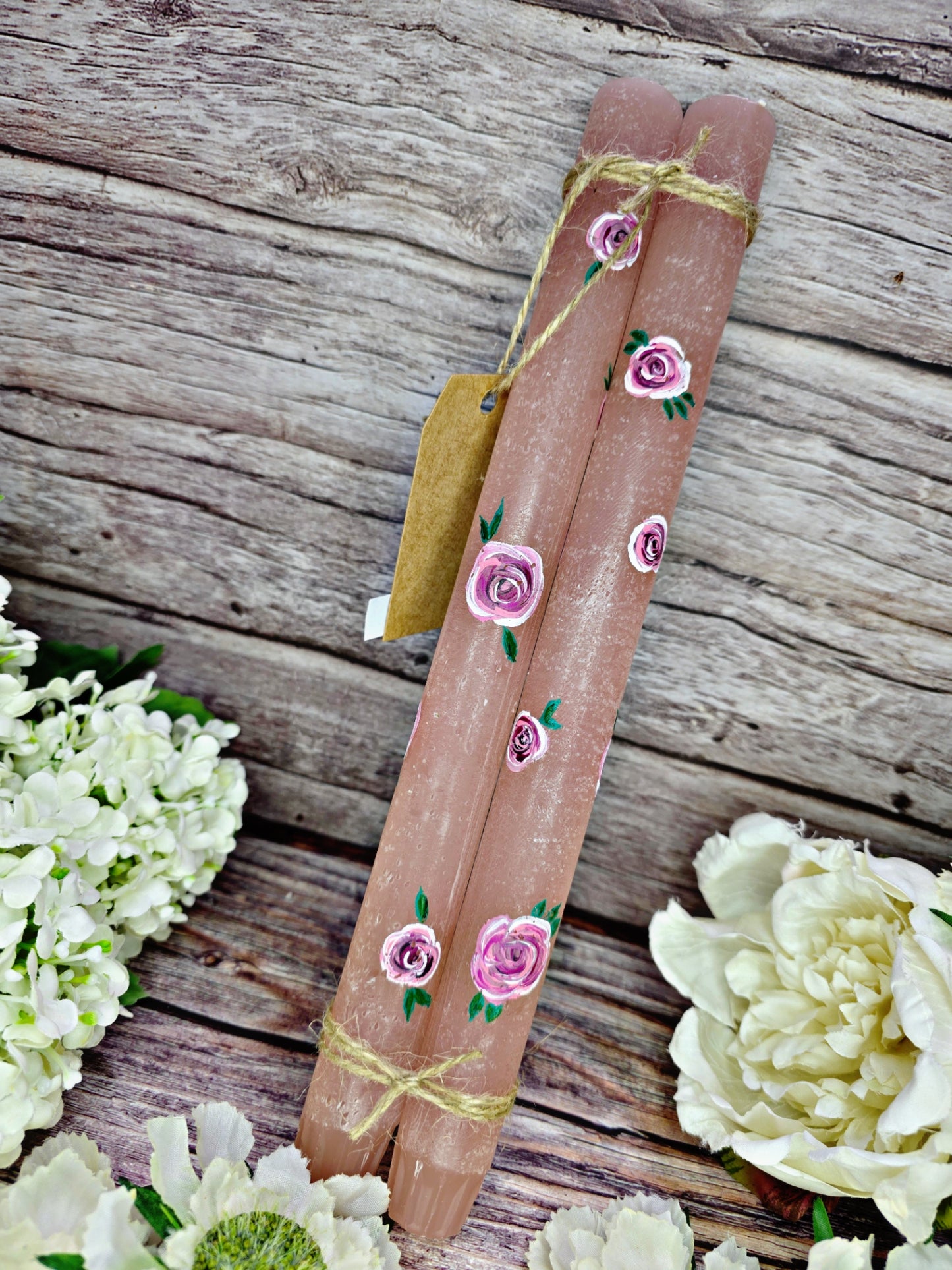 Hand Painted Rosebud Large Taper Candles